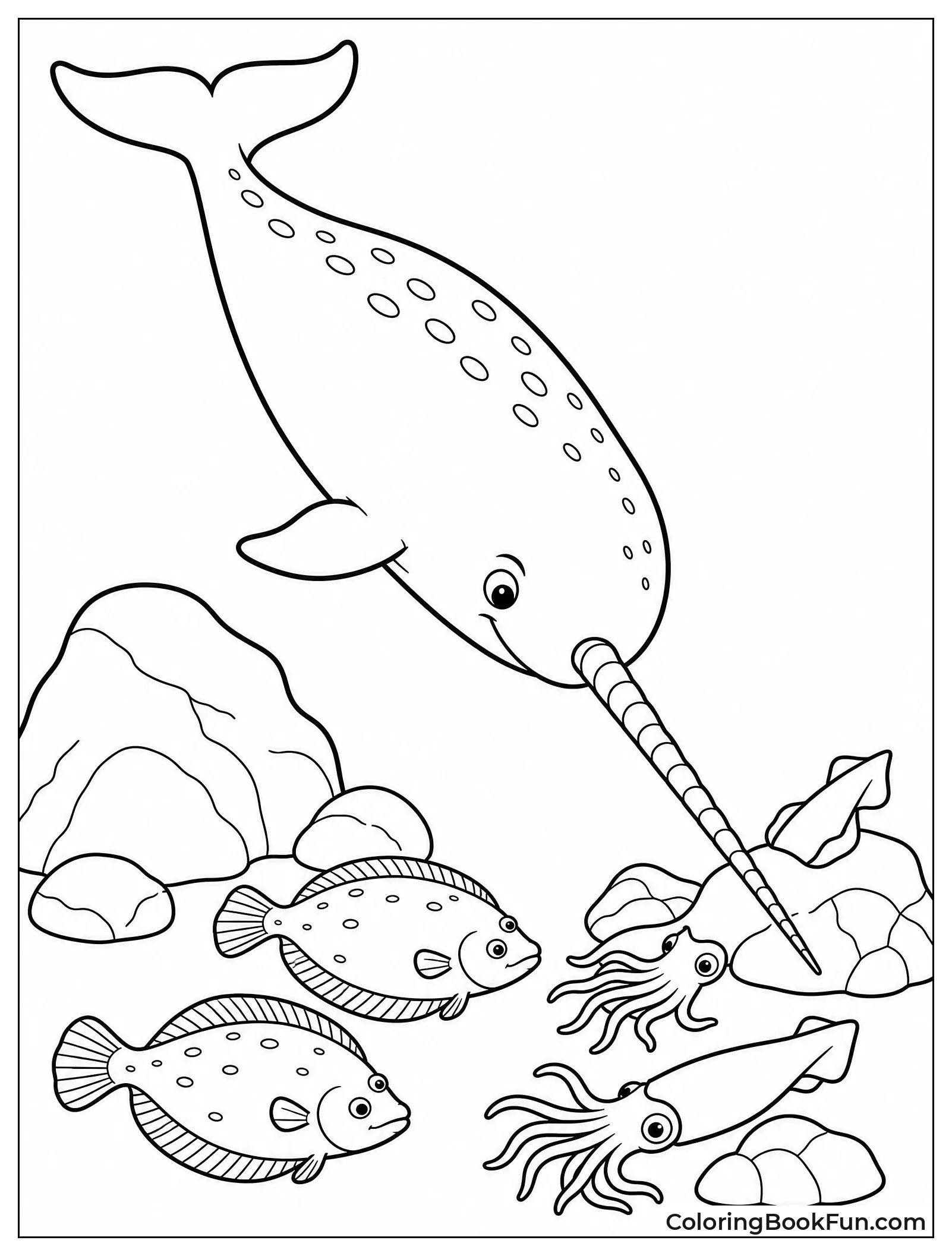 Narwhal Hunting Fish in Deep Ocean