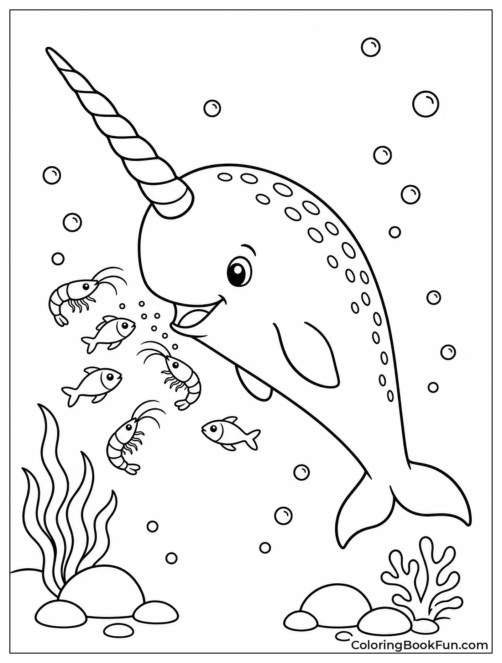 Narwhal Eating Shrimp and Small Fish