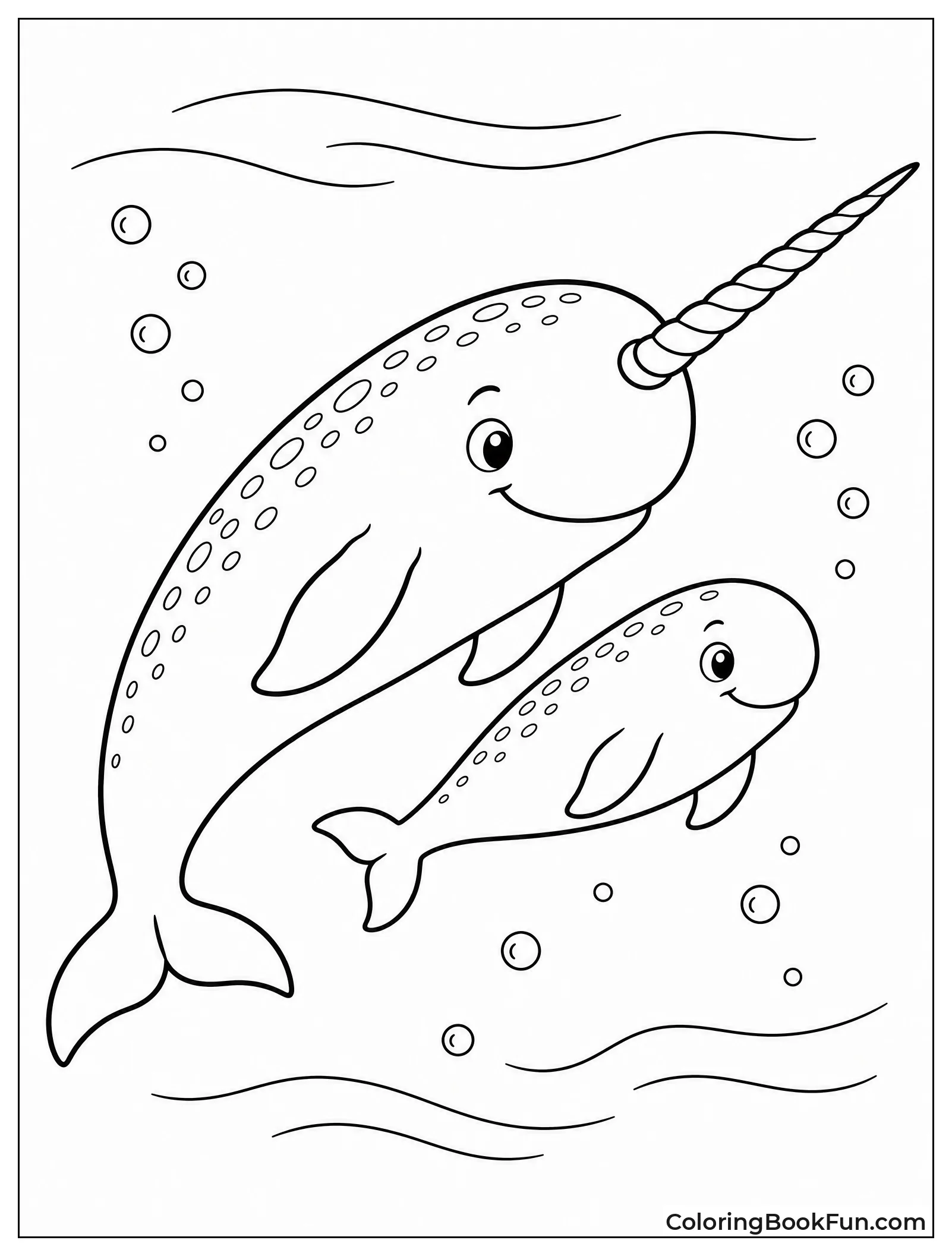 Mother Narwhal Swimming with Calf