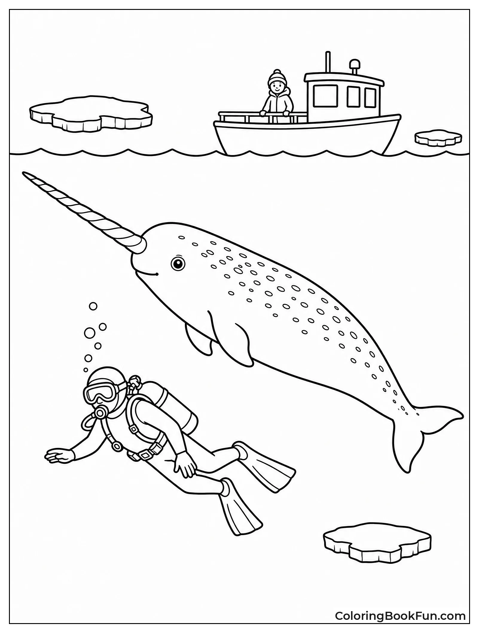Narwhal Next to Diver and Boat
