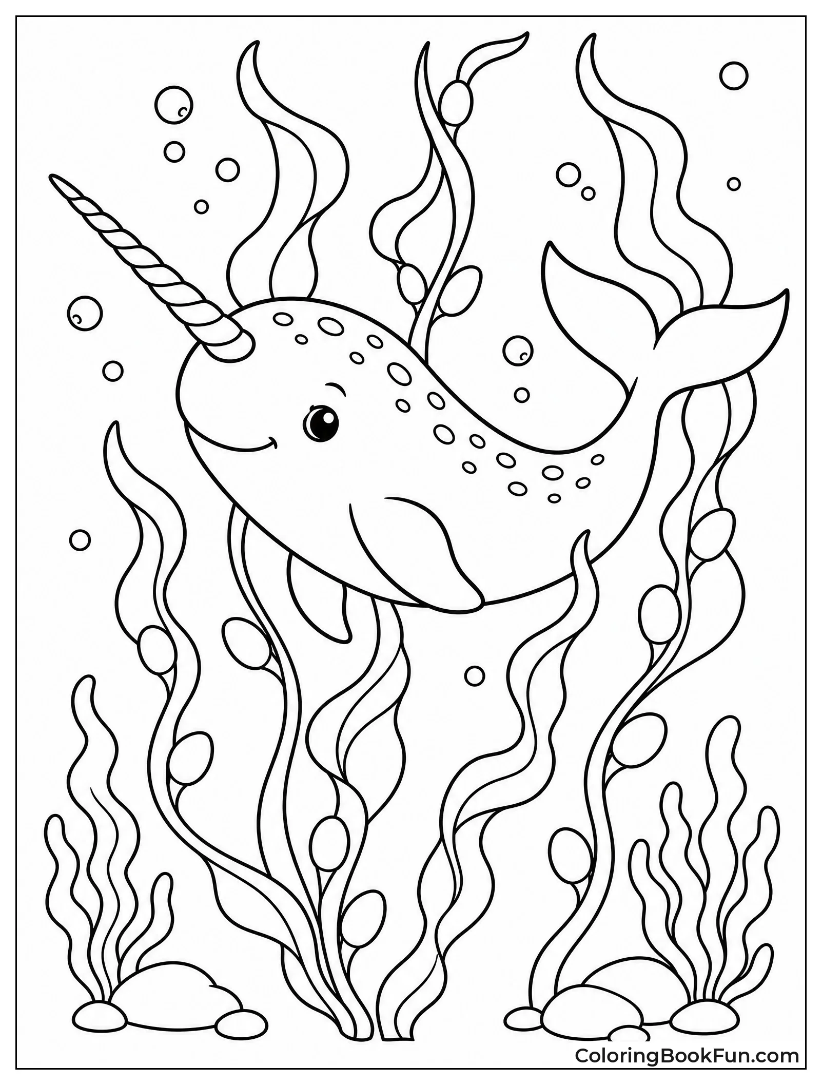 Narwhal Swimming Through Tangled Kelp