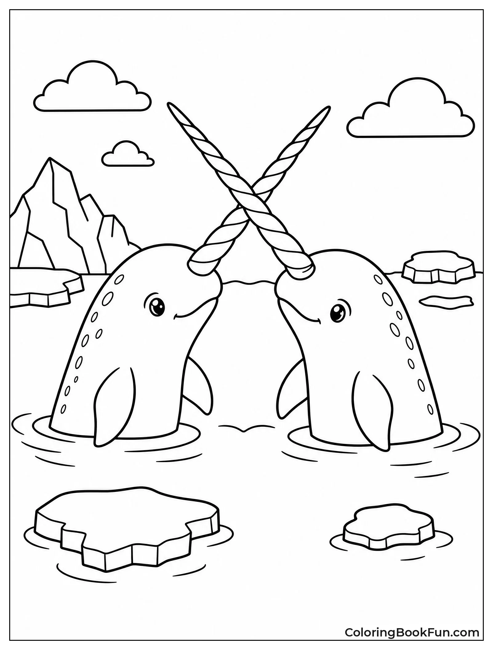 Two Narwhals Crossing Tusks Gently