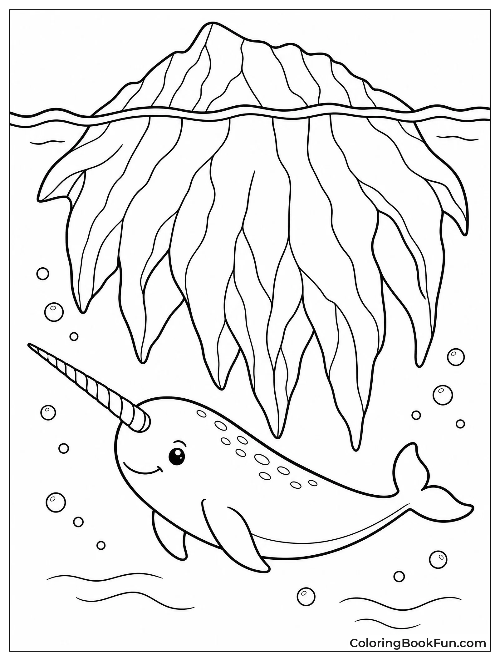 Narwhal Swimming Under Iceberg