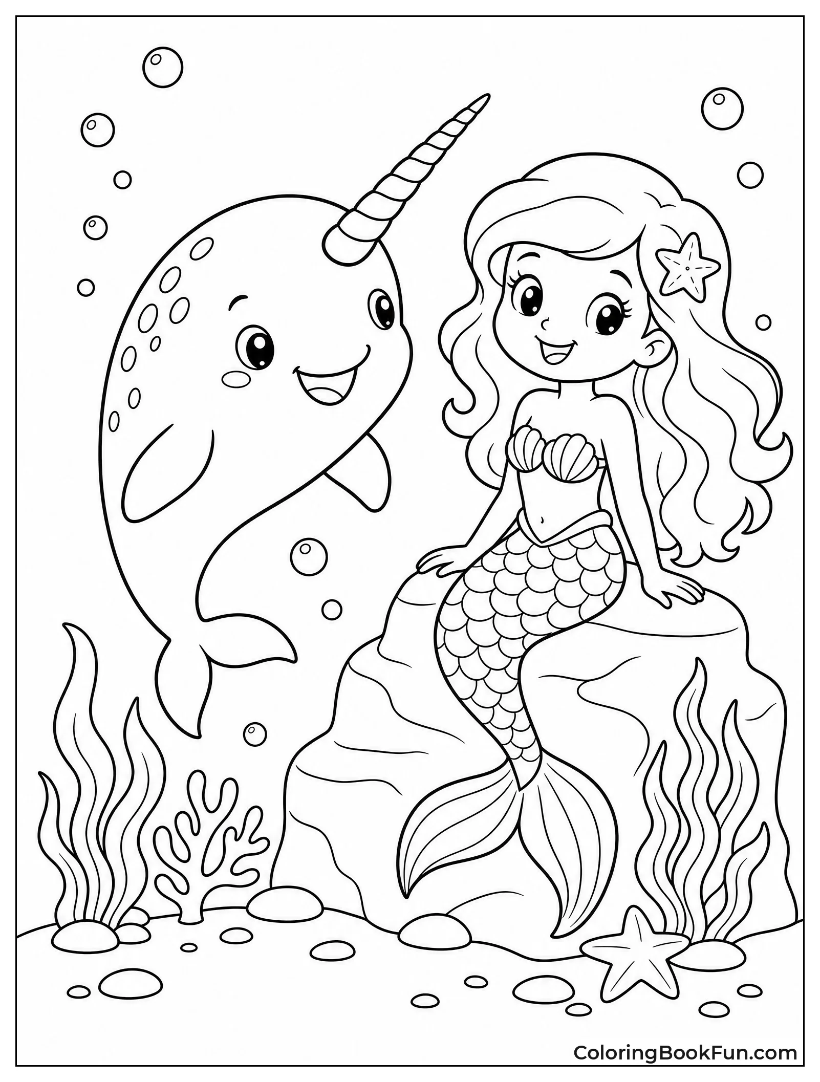 Narwhal Swimming Near Mermaid