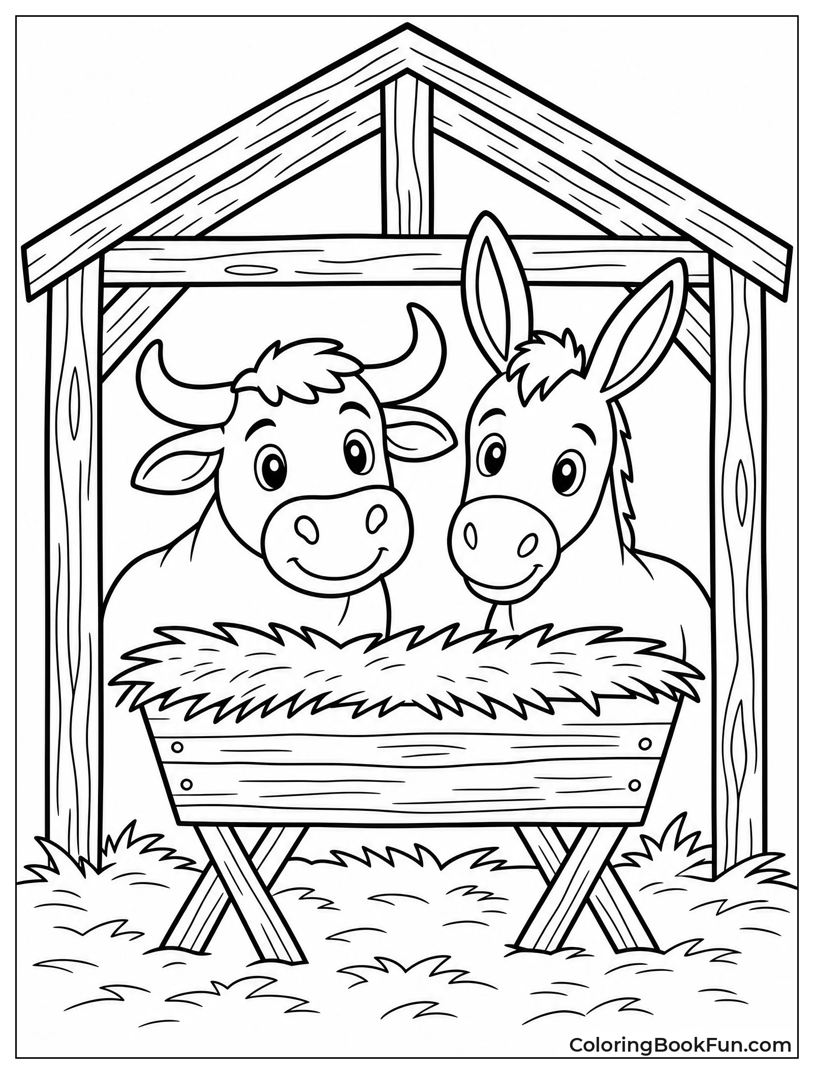 Ox and Donkey Peeking Over Manger