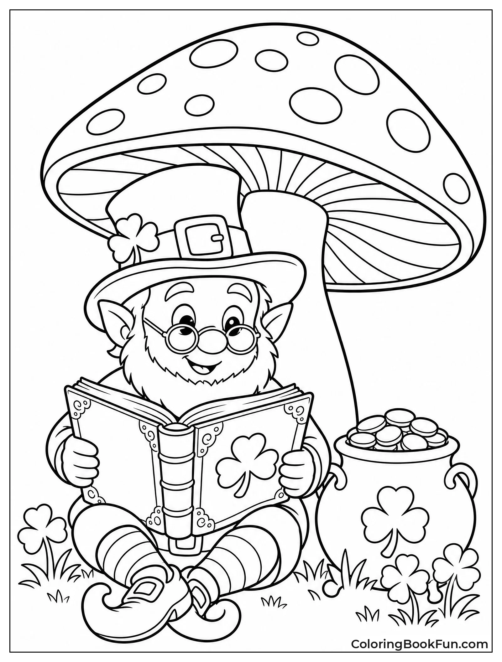 Nerdy Leprechaun Reading Under Mushroom