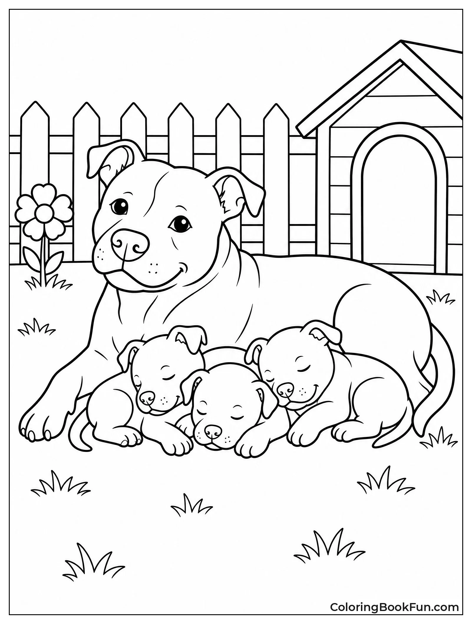 Mother Pitbull with Three Puppies