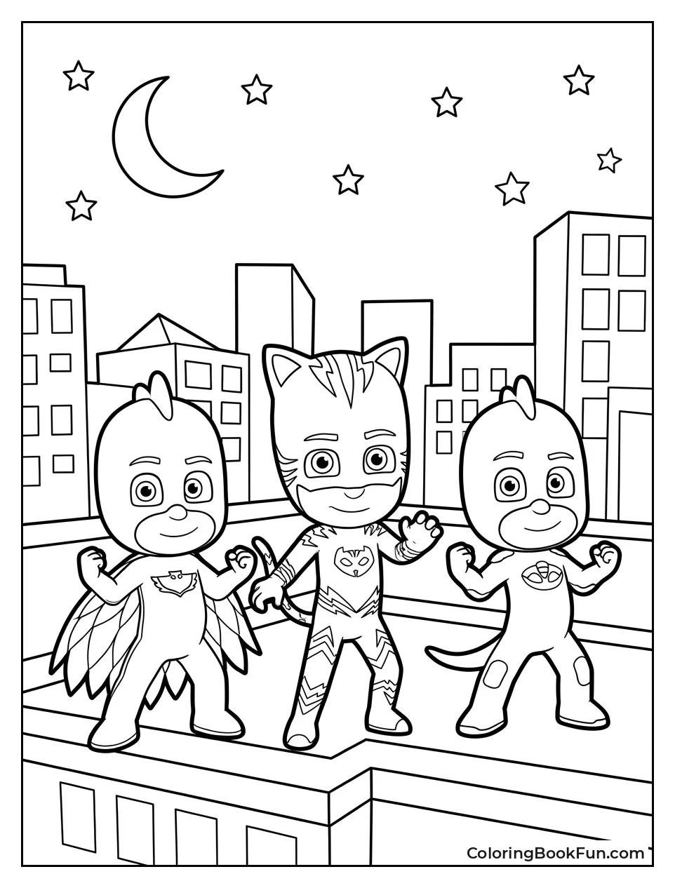 City Skyline with Moon and Silhouetted Heroes