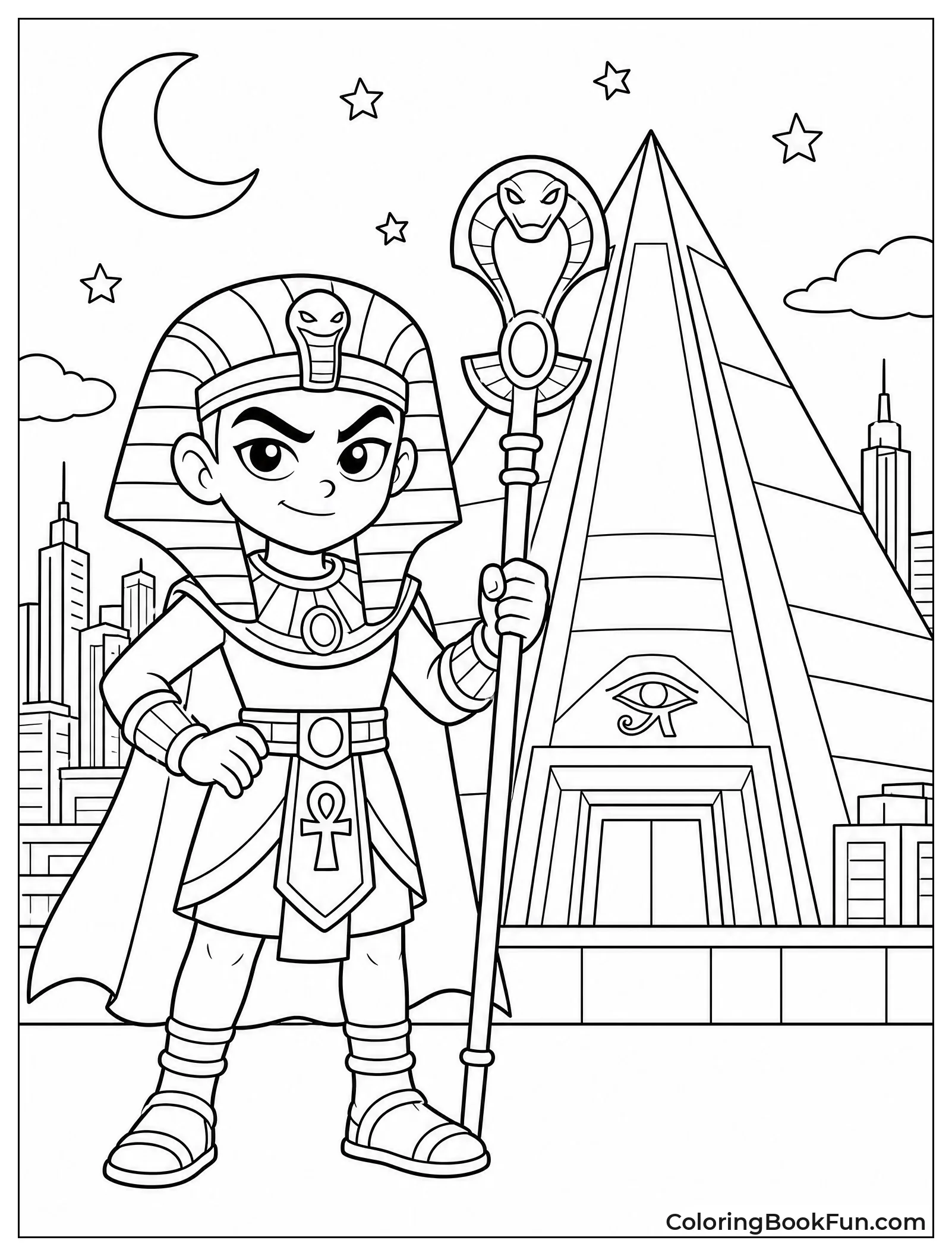 Pharaoh Boy Holds Staff near Pyramid