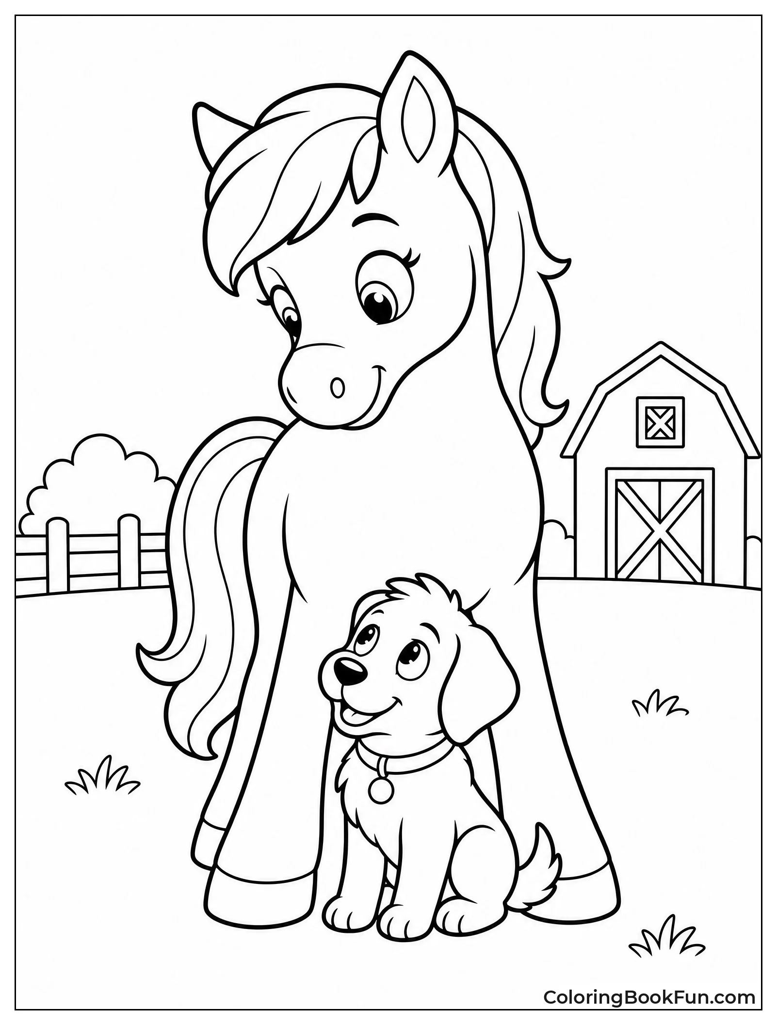 Pony Looking at Farm Dog