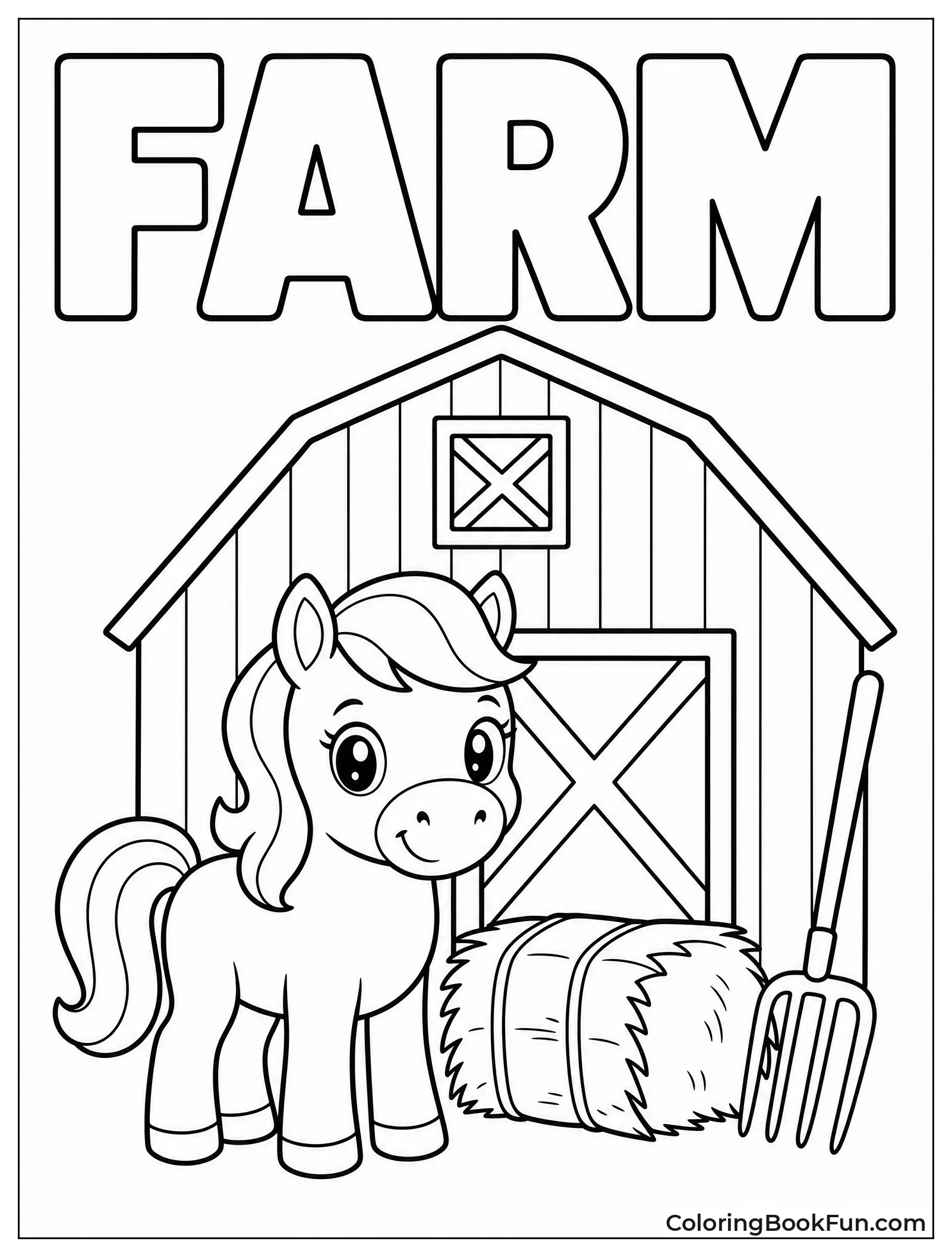 Pony Standing by Red Barn