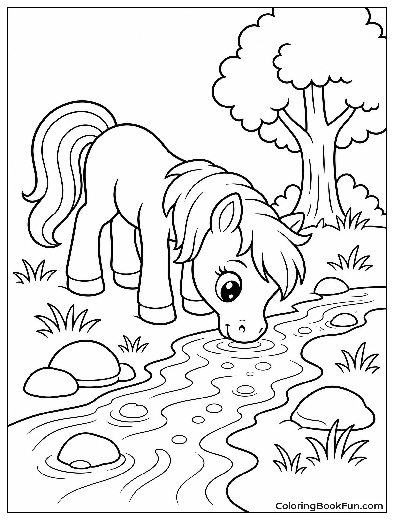 Pony Drinking from Woodland Stream