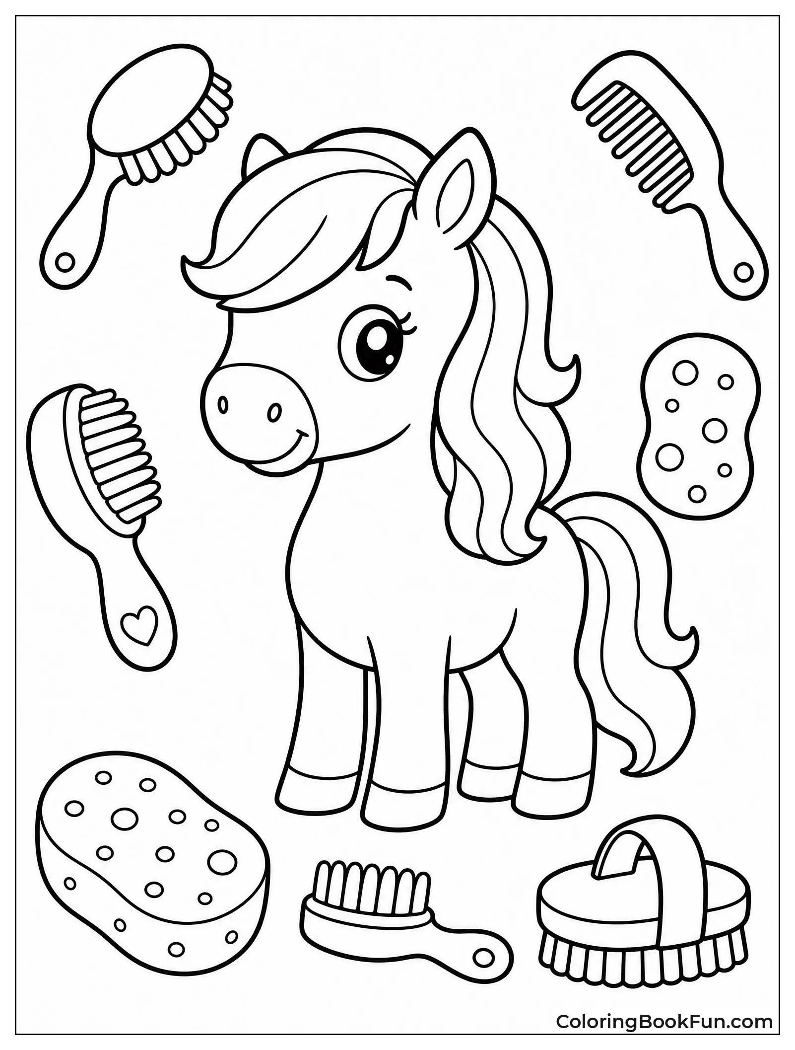 Pony Surrounded by Grooming Tools