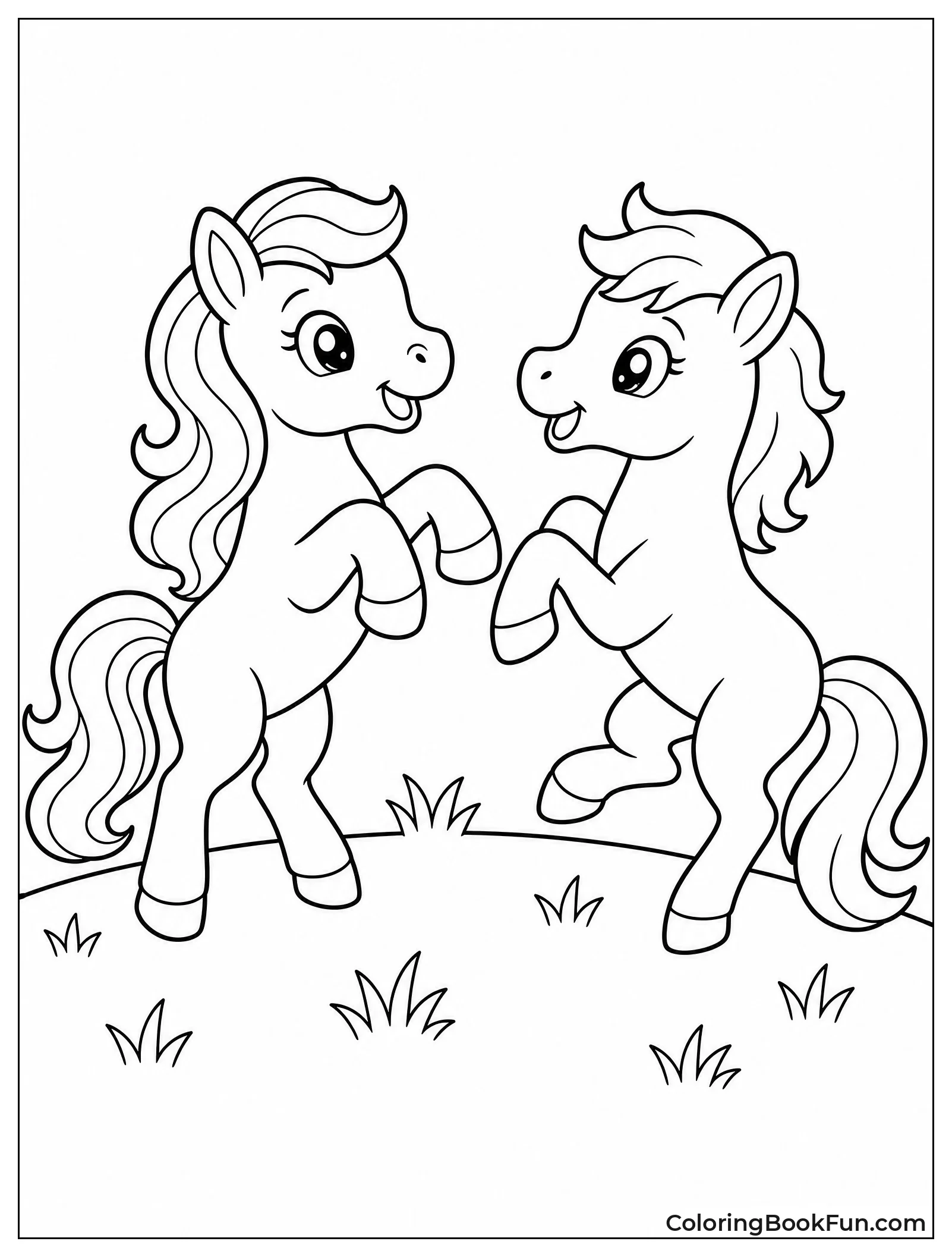 Two Ponies Playing in Field