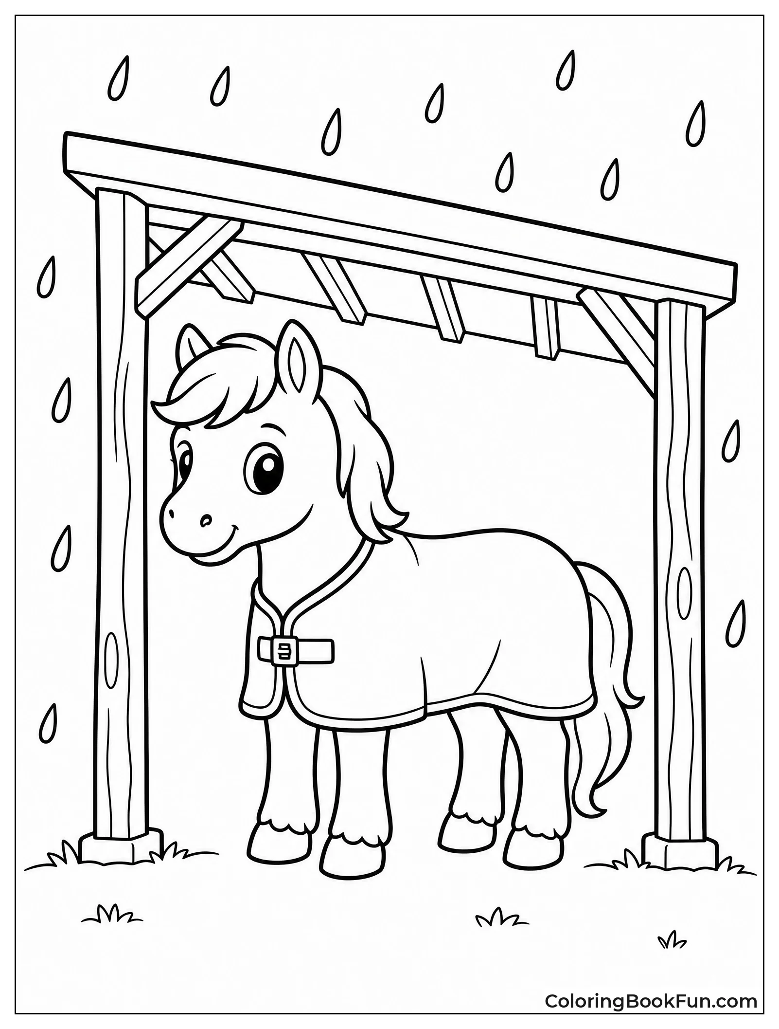Pony in Rain Under Shelter