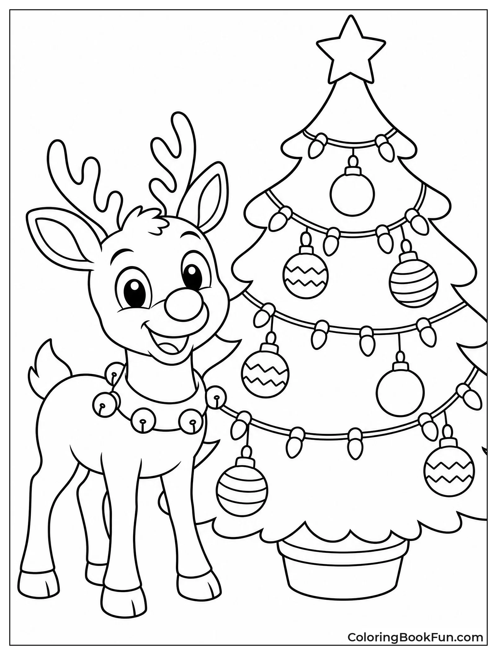 Rudolph Standing beside Decorated Christmas Tree