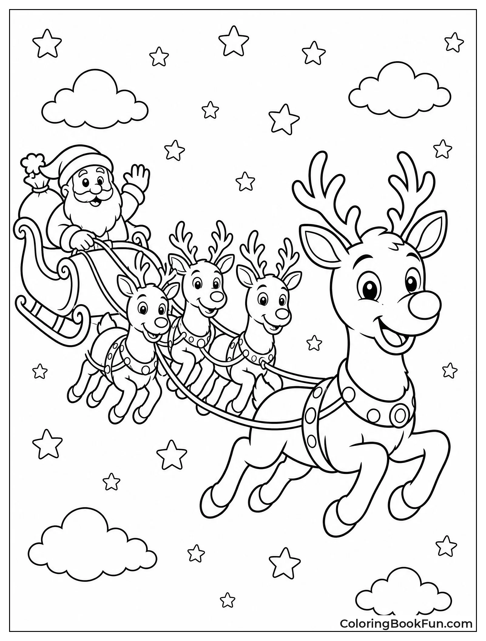 Rudolph Leading Sleigh through Night Sky