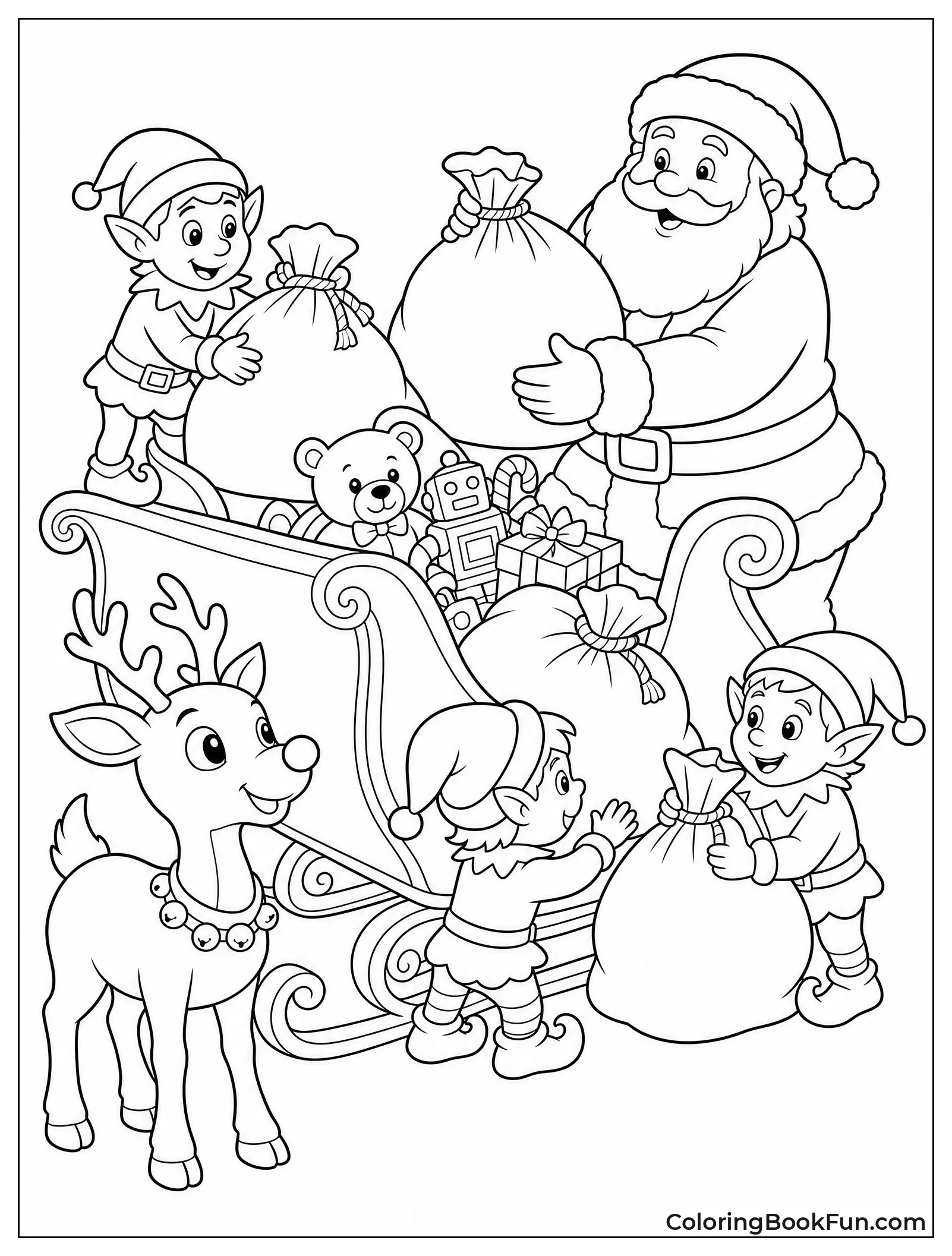 Santa and Elves Loading Sleigh with Toys