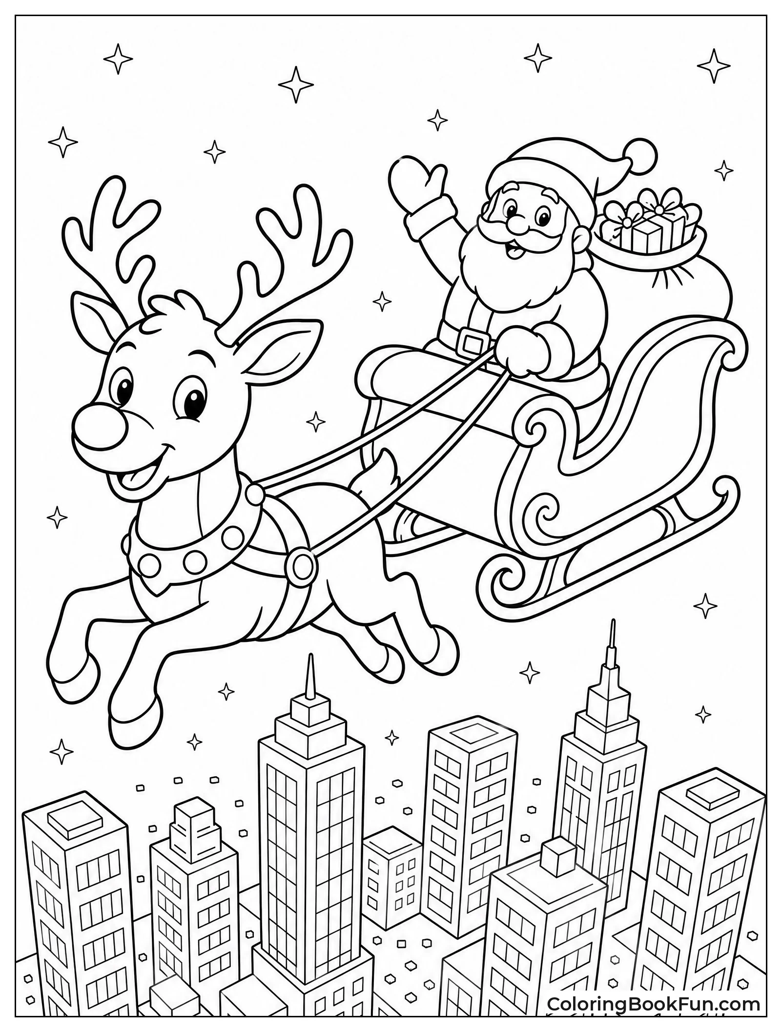 Sleigh Flying over City at Night