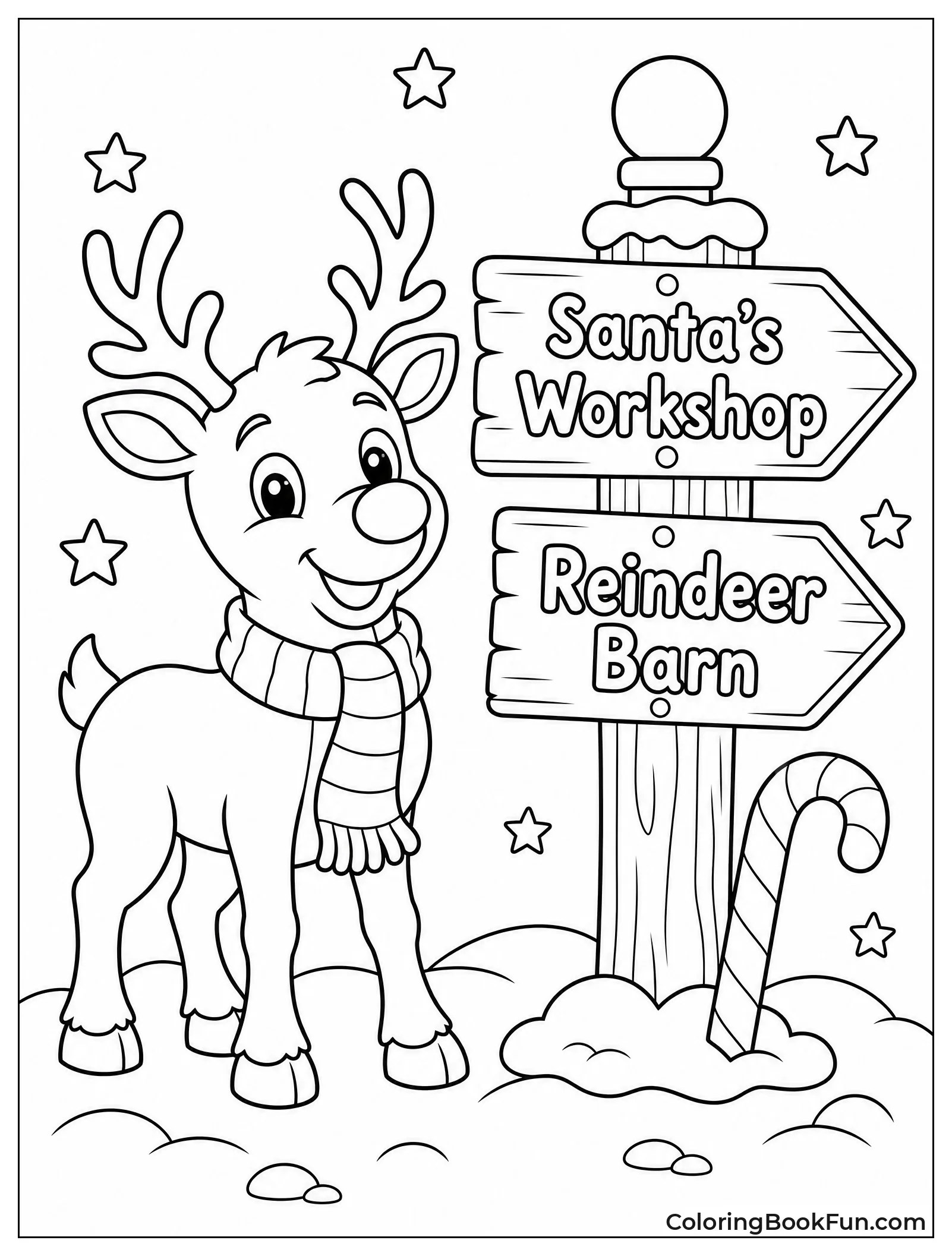 Rudolph beside North Pole Signpost