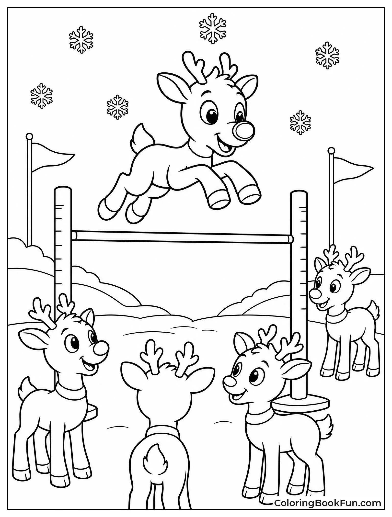 Rudolph Jumping High against Other Reindeer