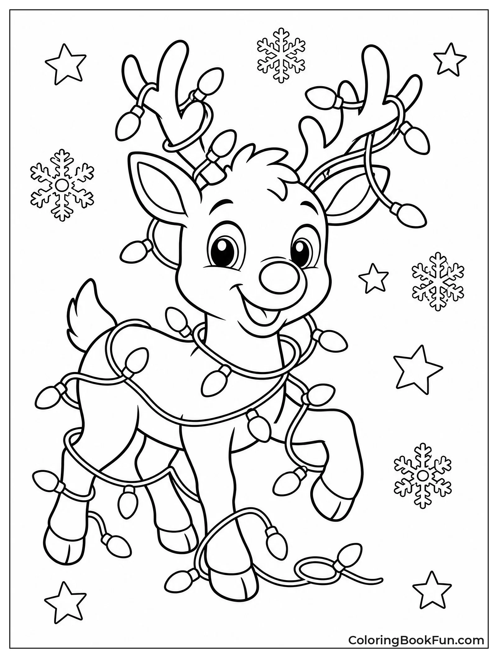 Rudolph Tangled Playfully in String Lights