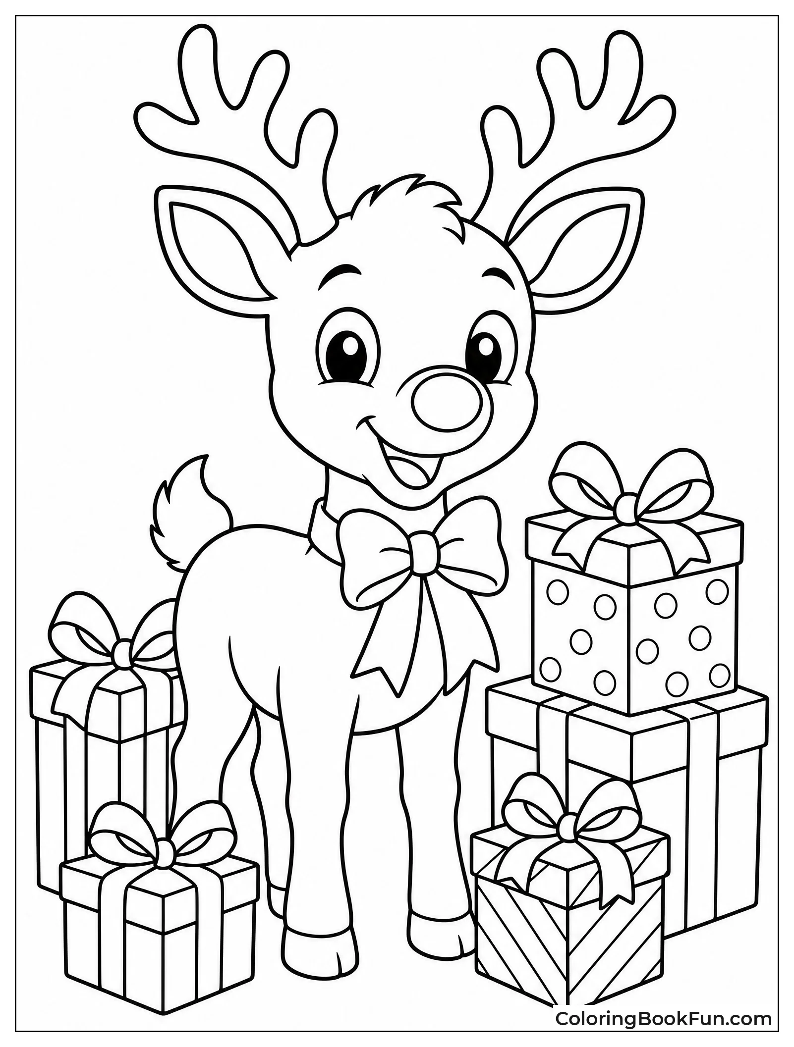 Rudolph Surrounded by Colorful Wrapped Presents