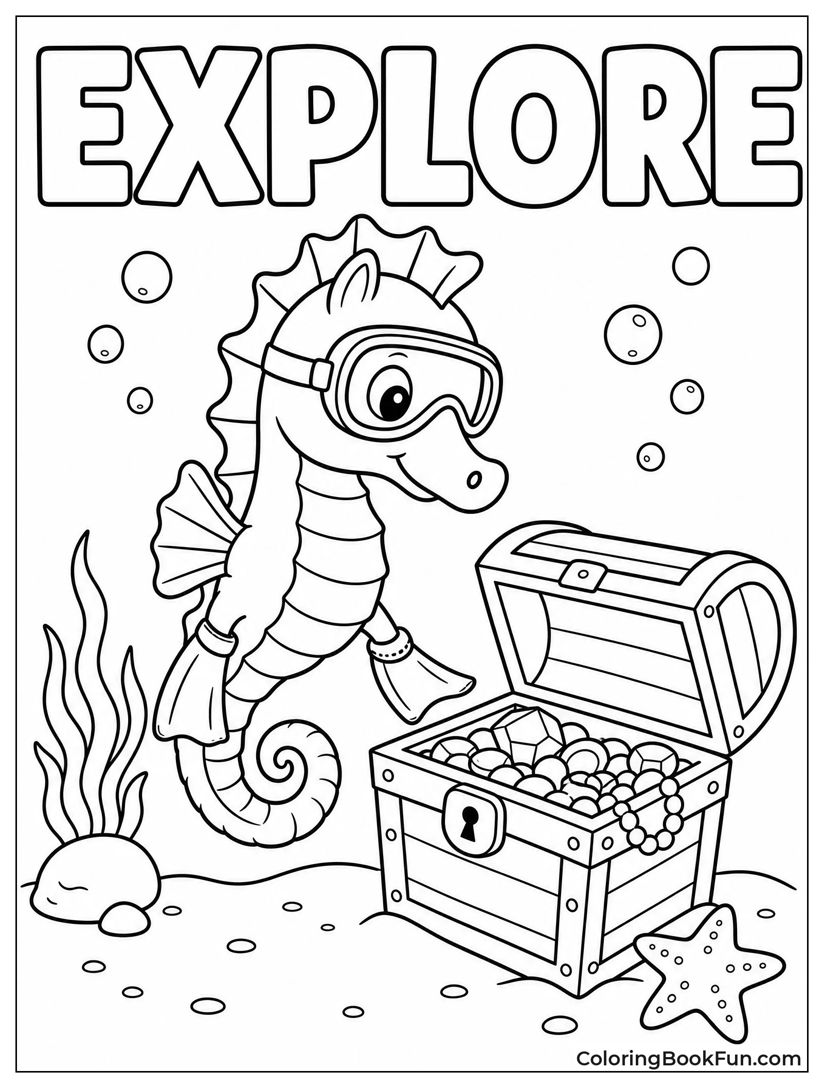 Seahorse Exploring Sunken Treasure Chest