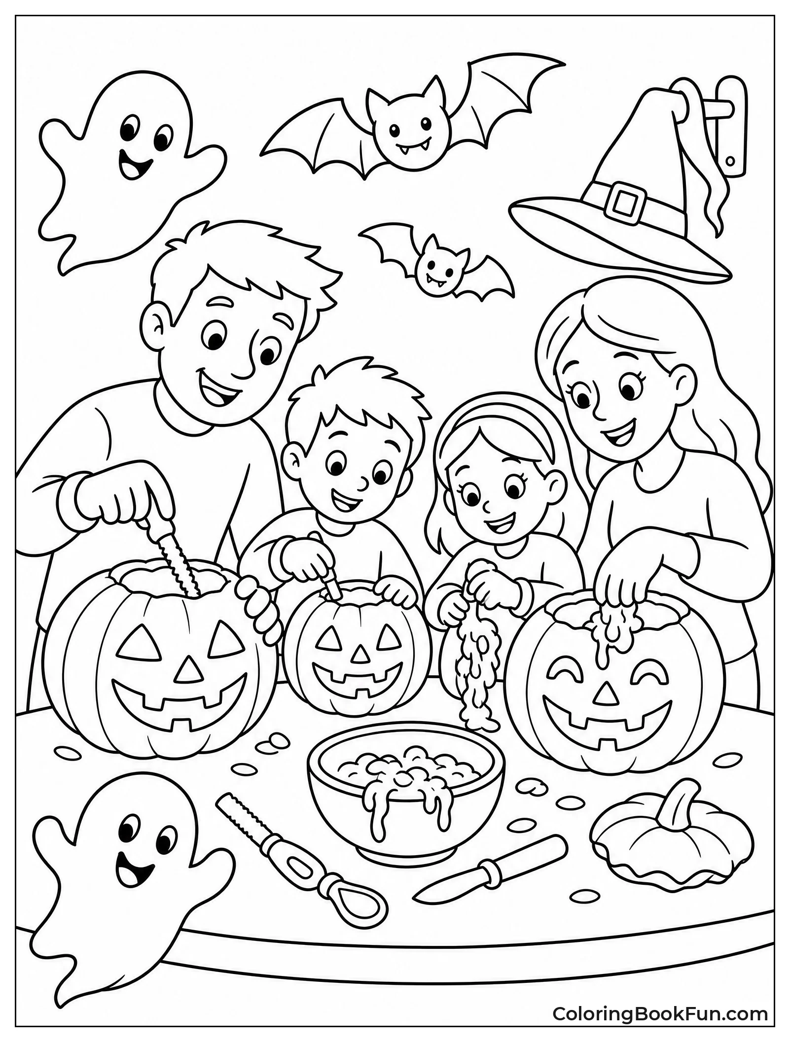 Family Carving Pumpkins on Table