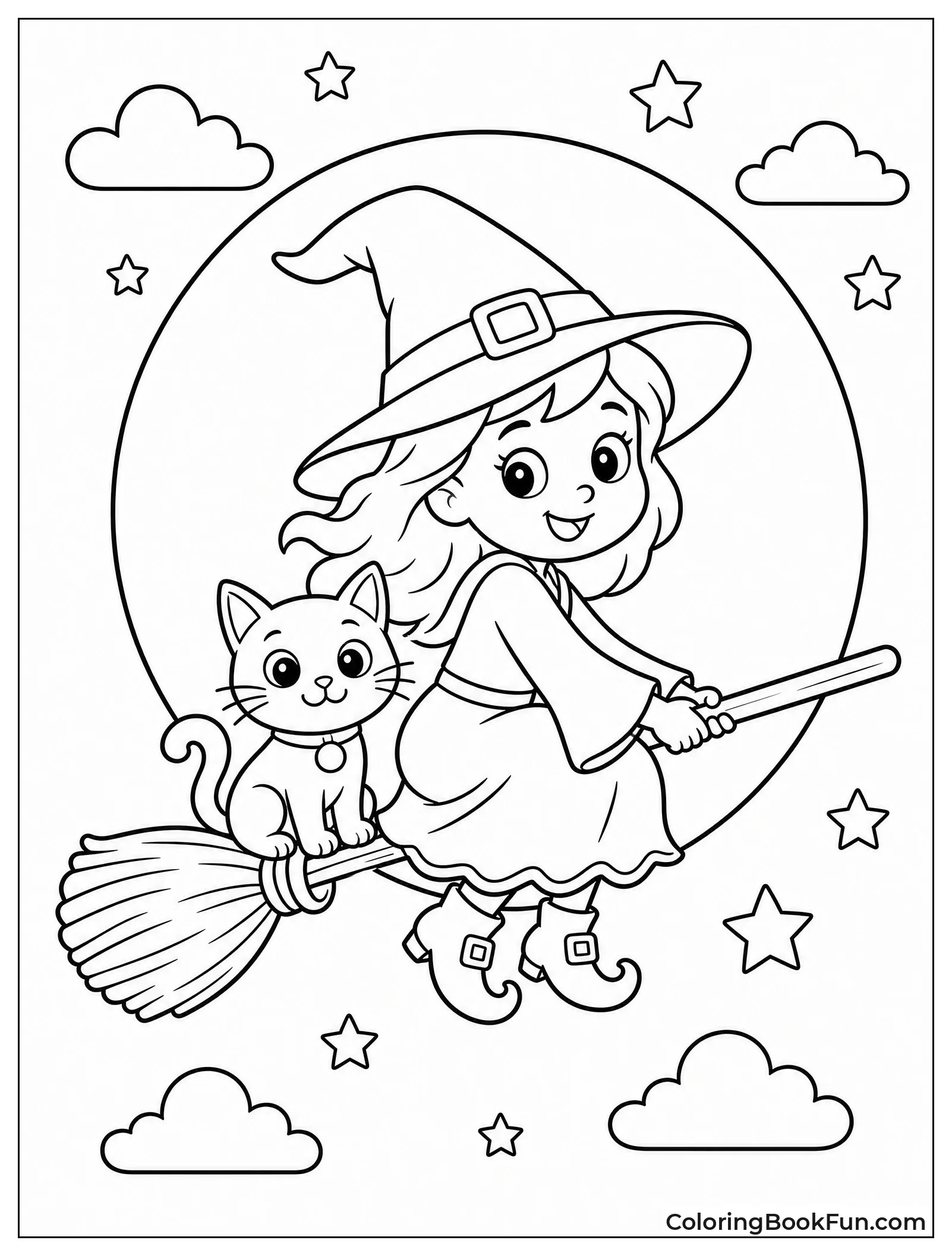 Witch Flying on Broom with Cat