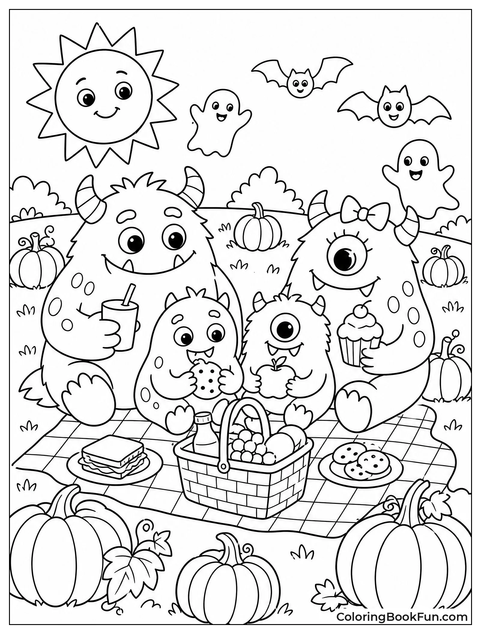 Monsters Picnicking in Pumpkin Patch