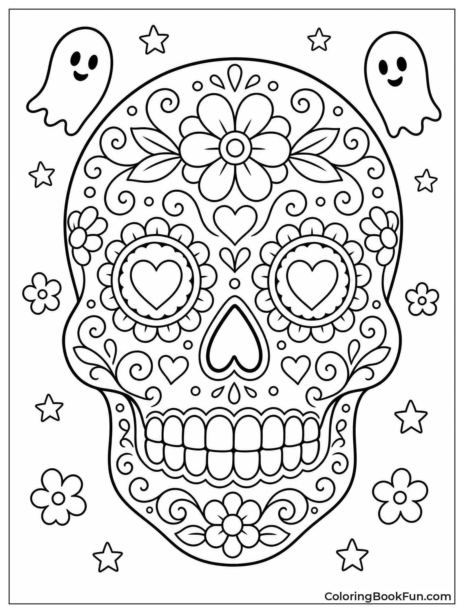 Detailed Sugar Skull with Flowers