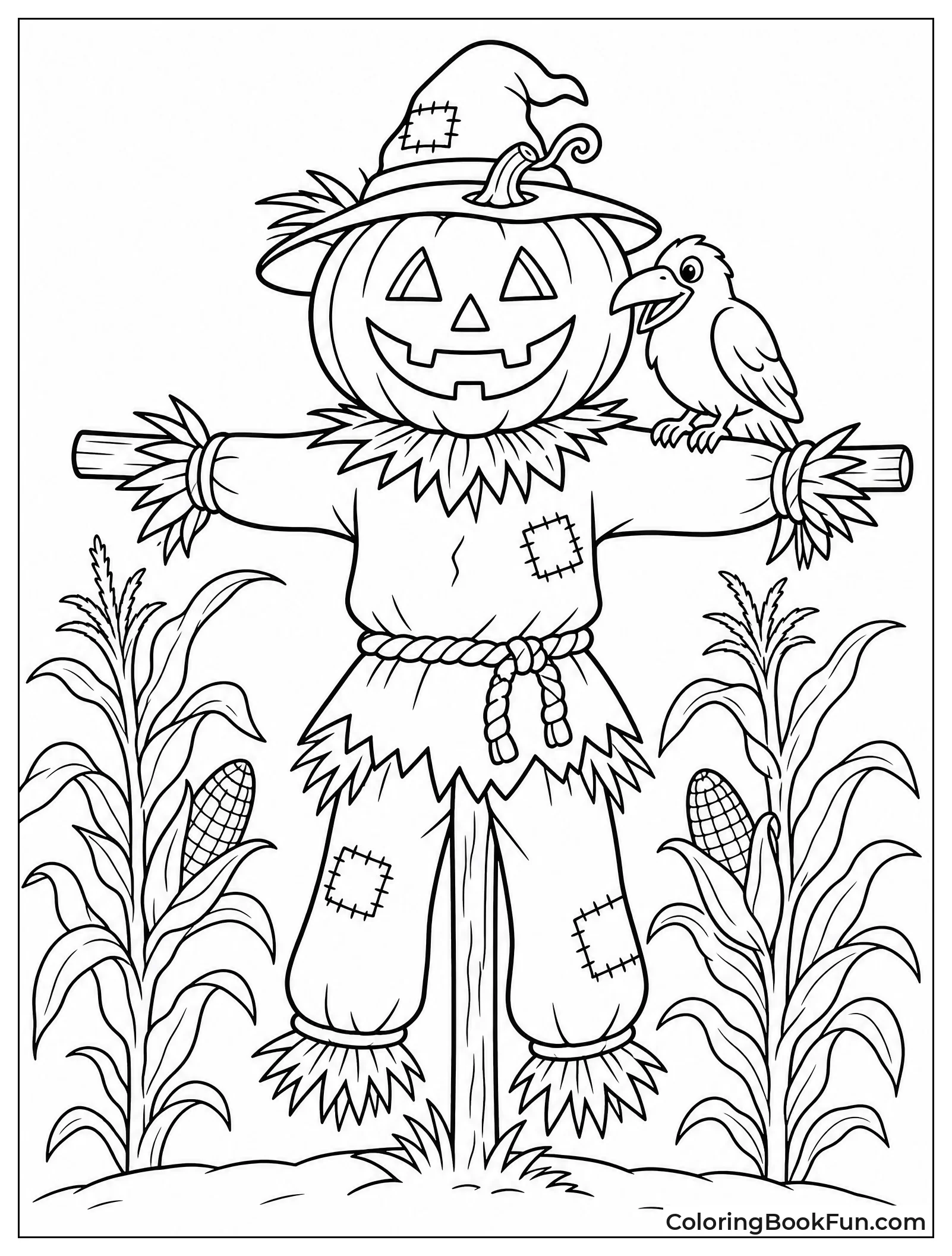 Scarecrow with Crow in Cornfield