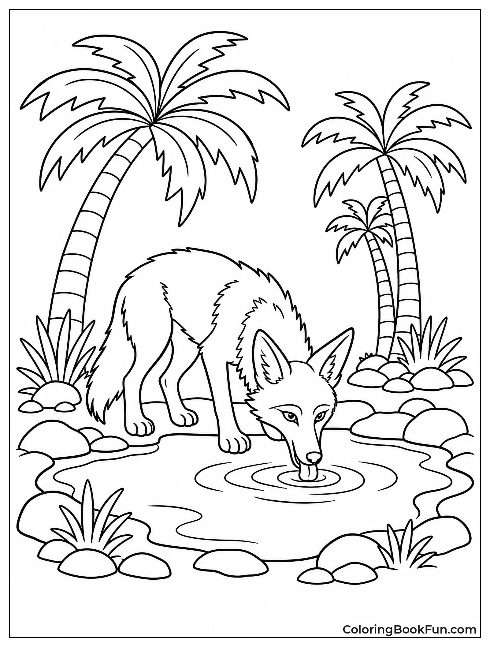 Coyote Drinking from Desert Pool