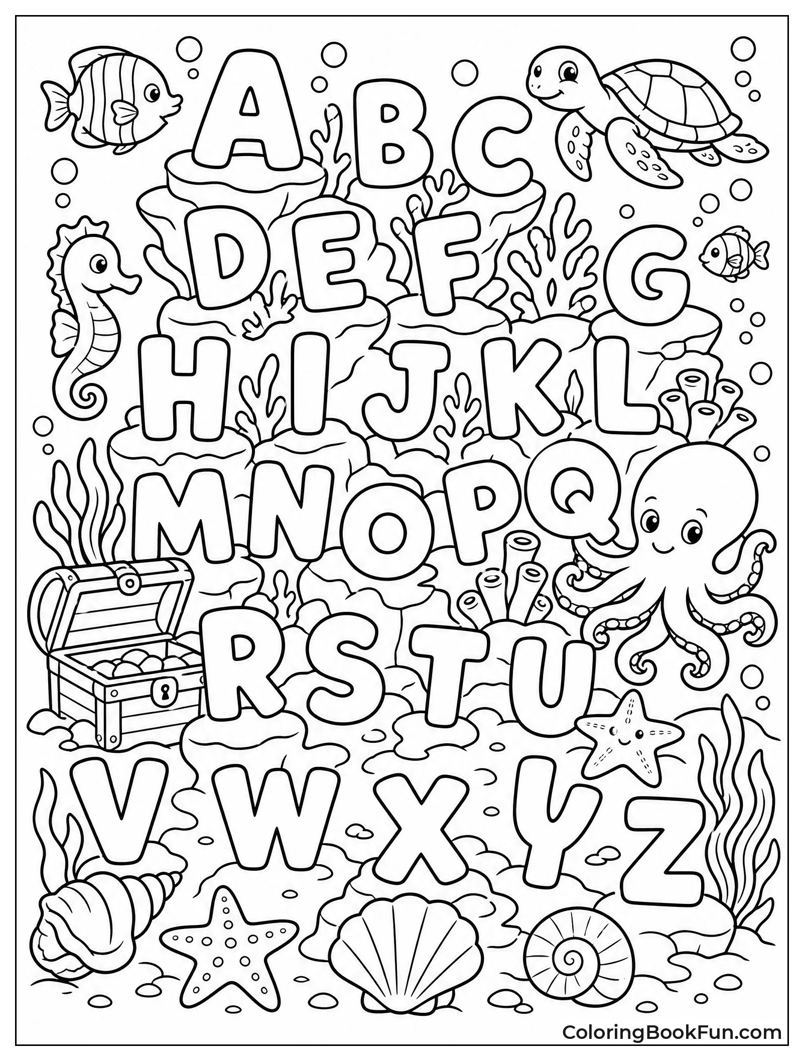 Sea Creatures Swimming Around Coral Letters