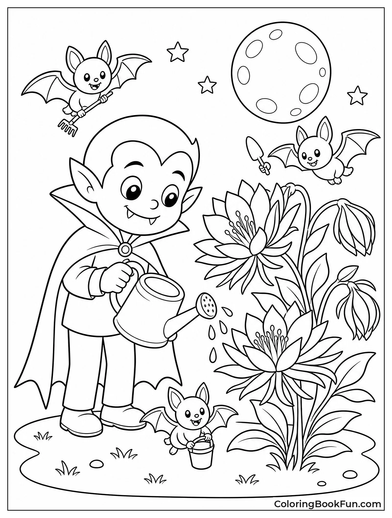 Vampire Watering Flowers Under Moon