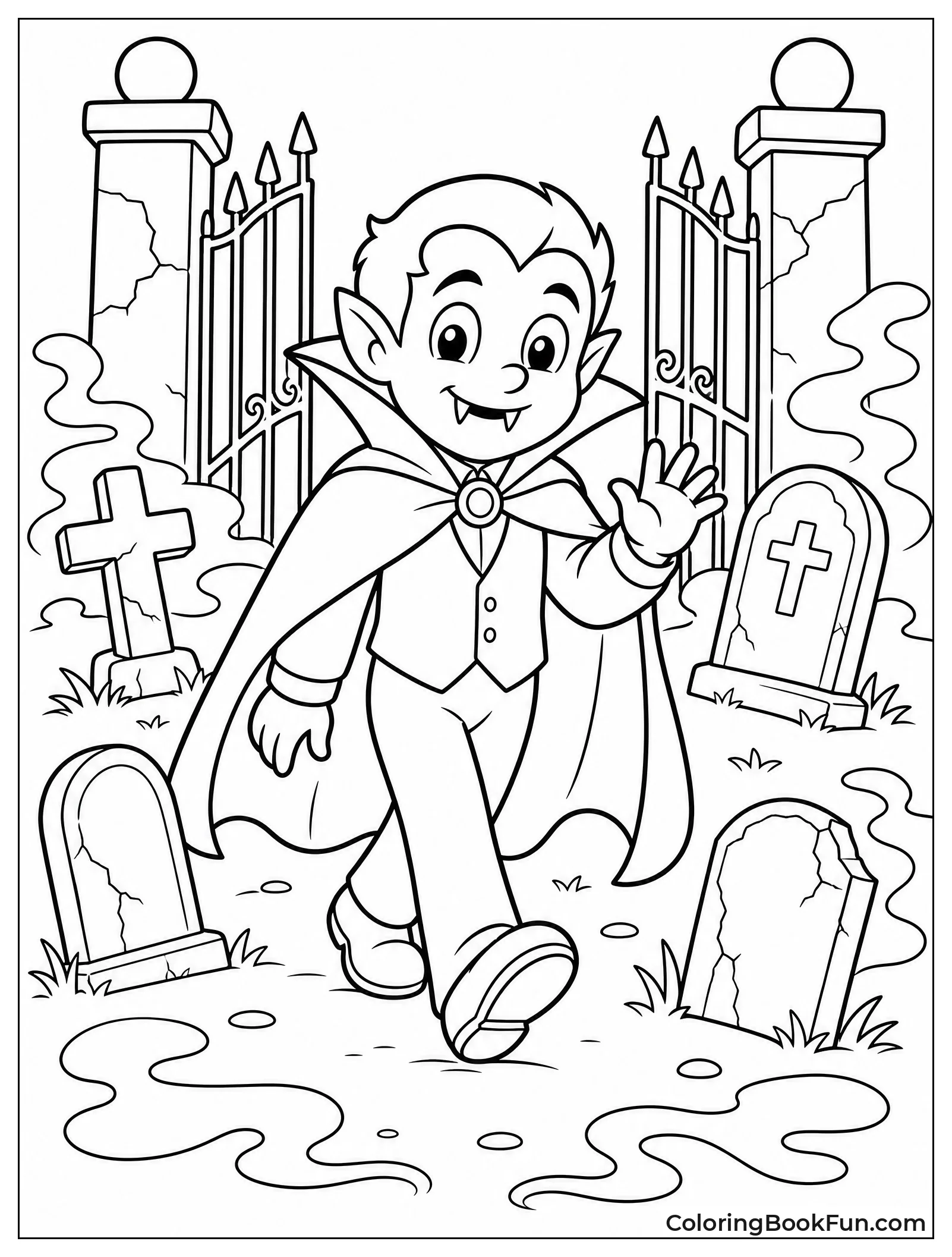Vampire Walking Through Foggy Graveyard