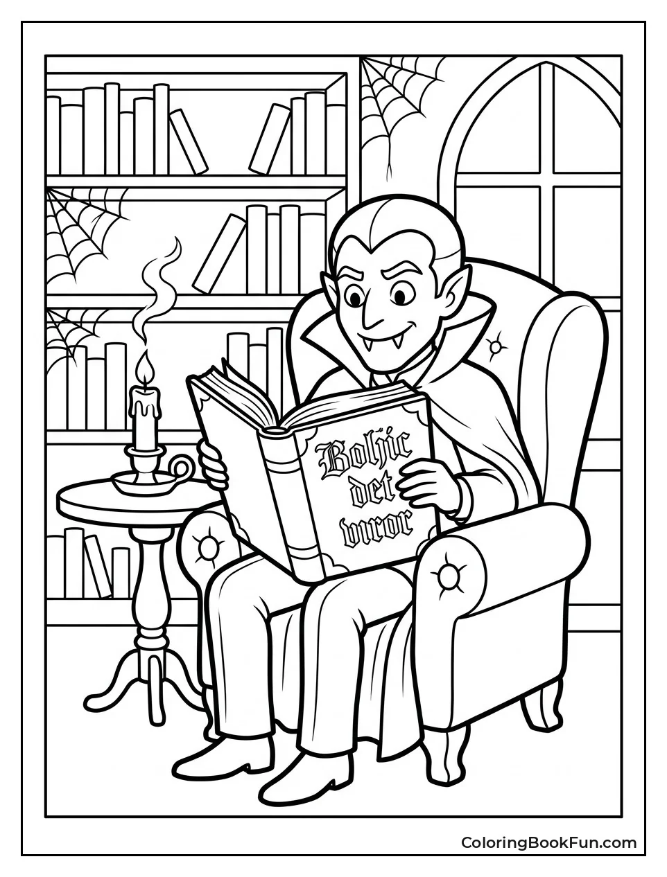 Vampire Reading Dusty Book in Library