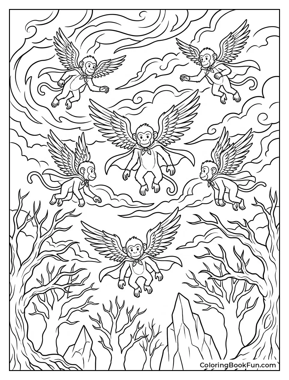 Winged Monkeys Flying Through Dark Clouds
