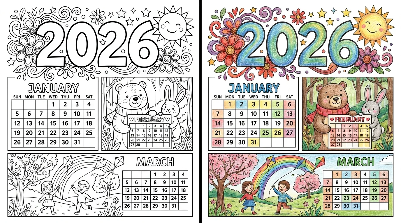 38 2026 Calendar Coloring Pages (Free PDFs)