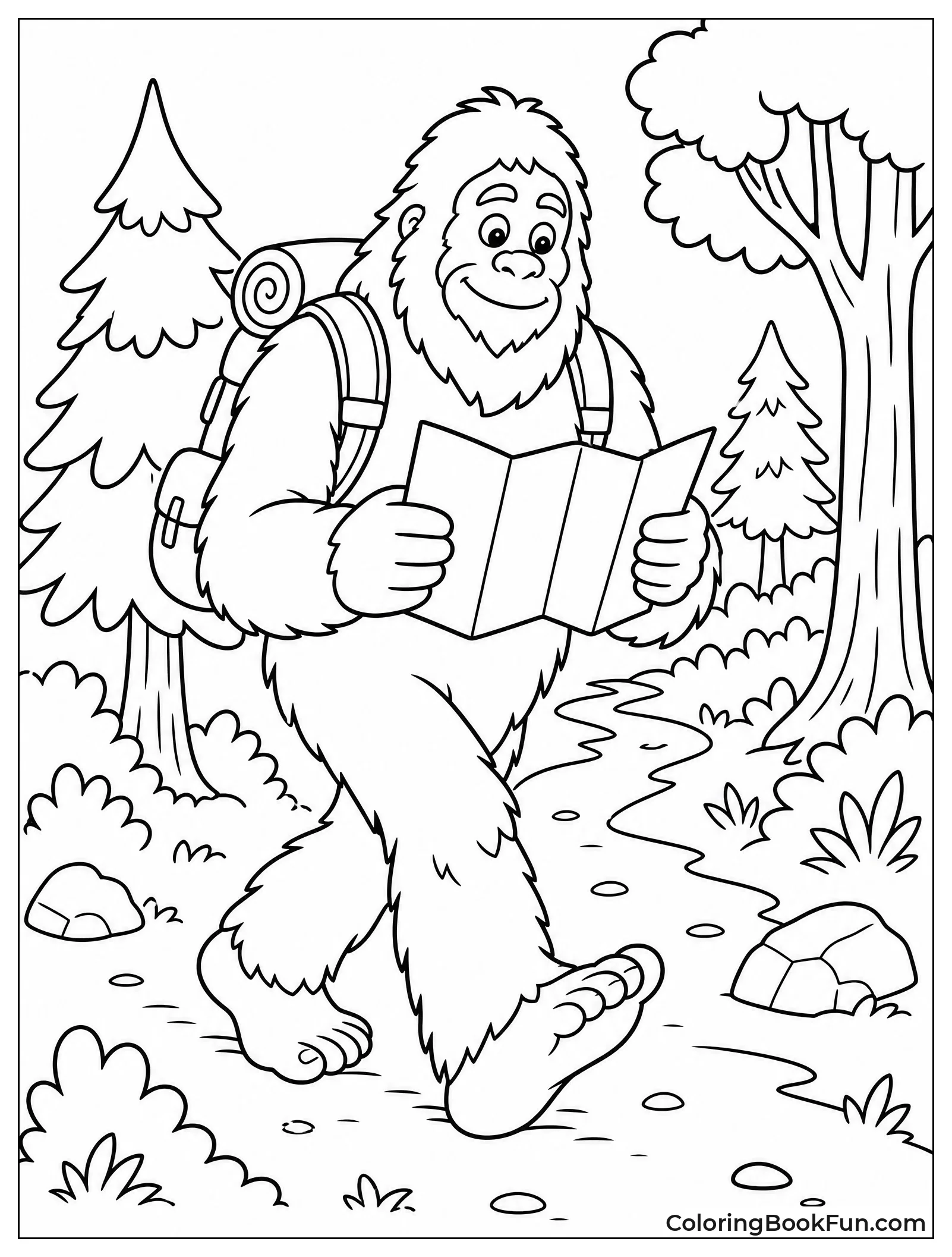 Bigfoot Hiking with Backpack and Map