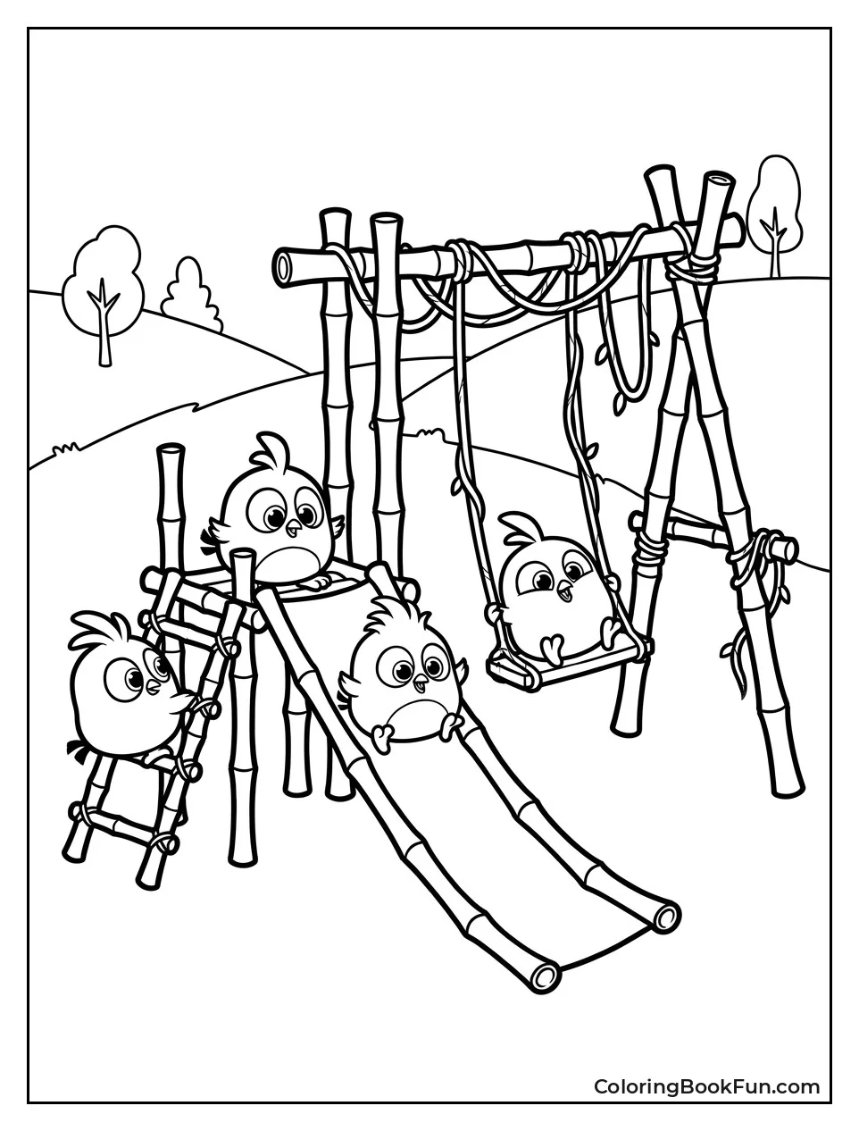 Baby Birds Play on Bamboo Swing