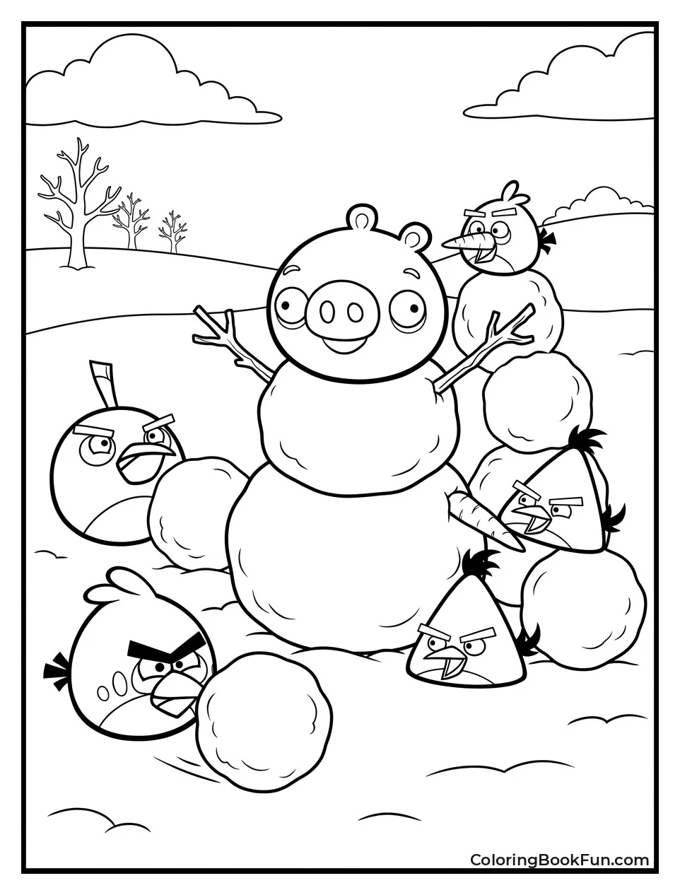 Birds Build Pig Shaped Snowman