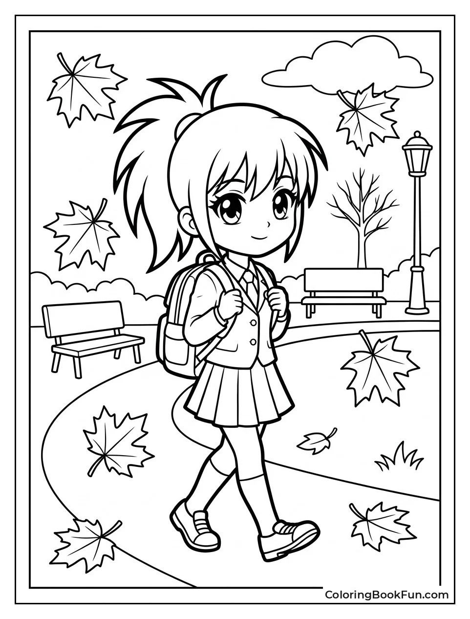 Girl Walking through Falling Leaves
