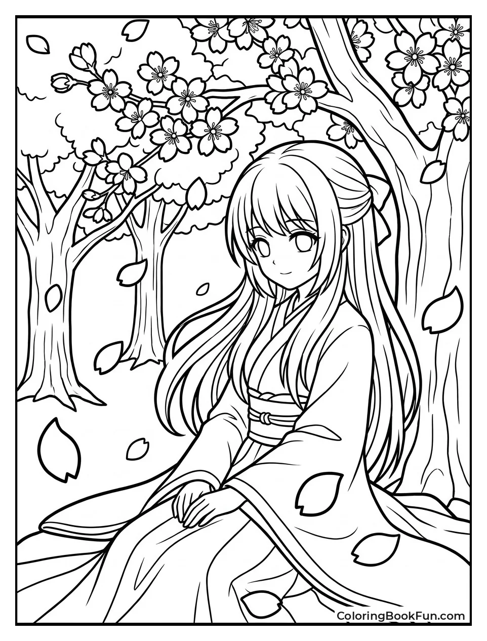 Girl under Blooming Cherry Trees