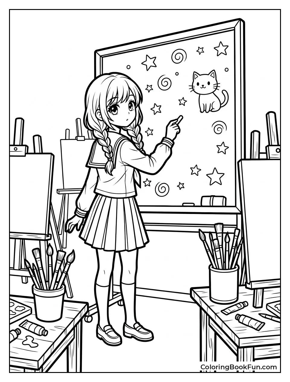 Girl Drawing on Clubroom Chalkboard