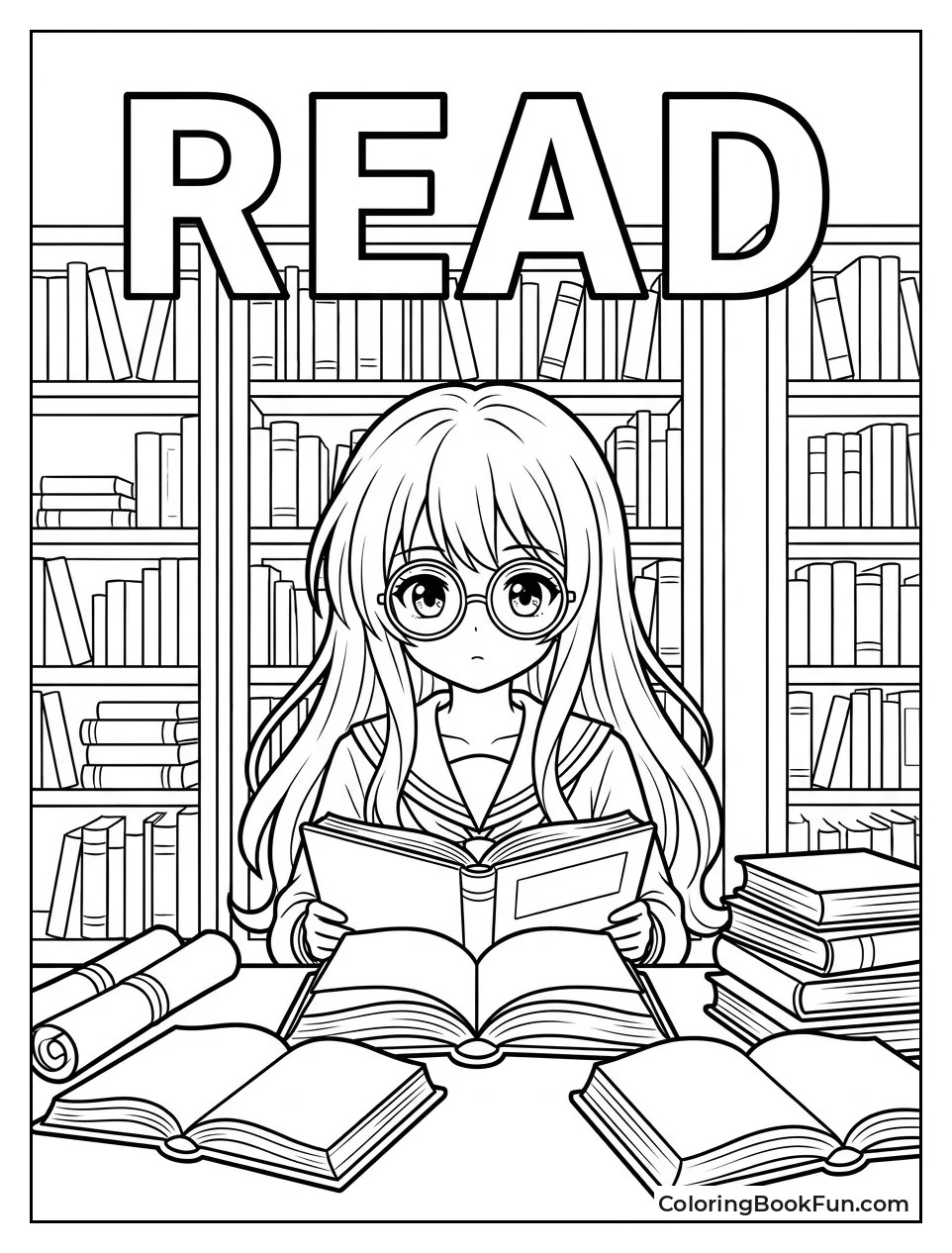 Girl Studying in Tall Library