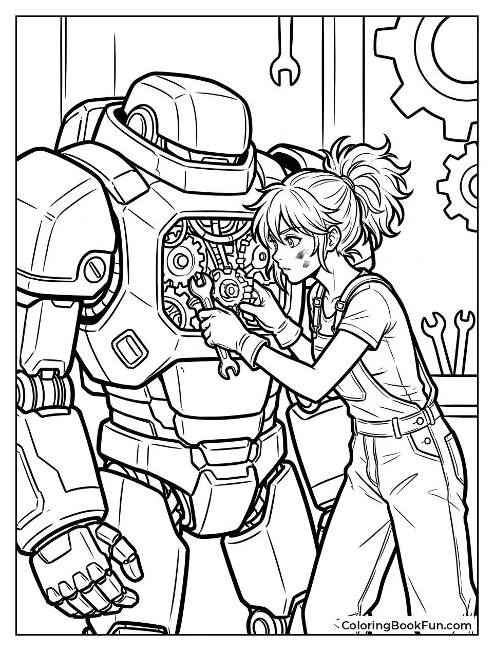 Girl Fixing Giant Robot Suit