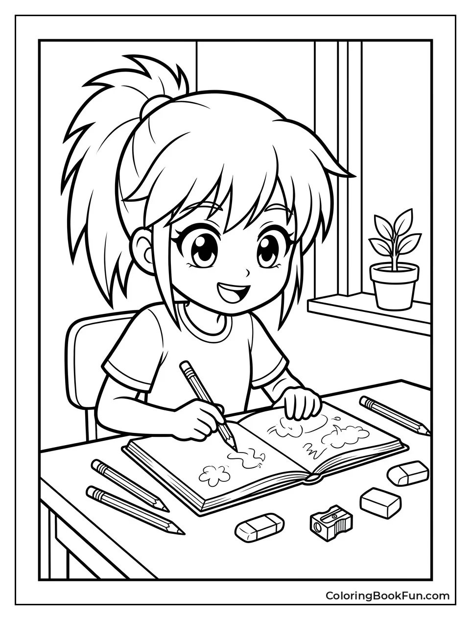 Girl Sketching in Her Notebook