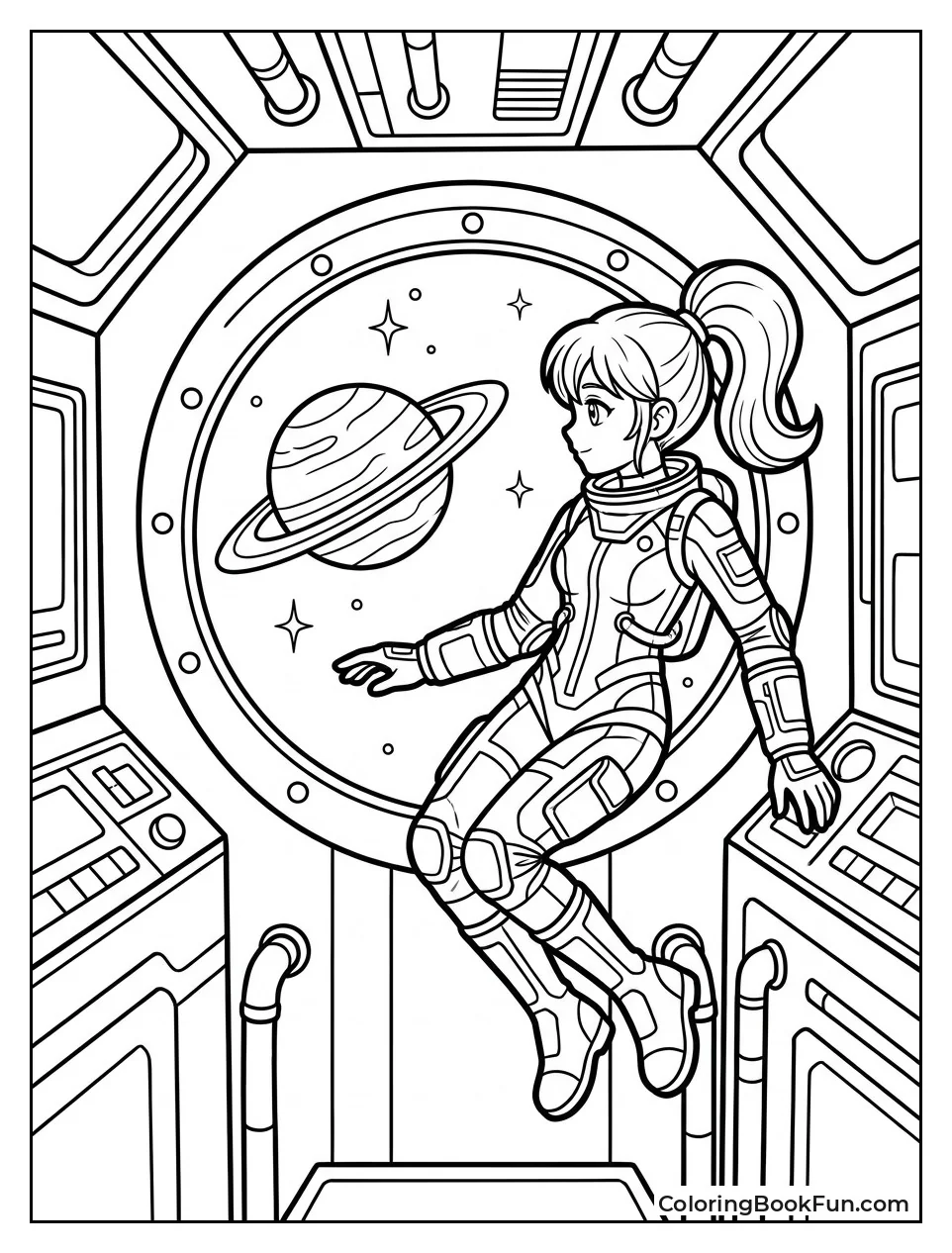 Girl Floating in Spaceship Window